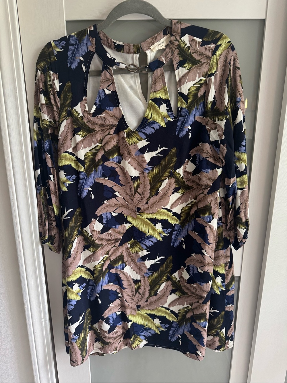 Navy Tropical Keyhole Tunic with Olive and Taupe Leaves